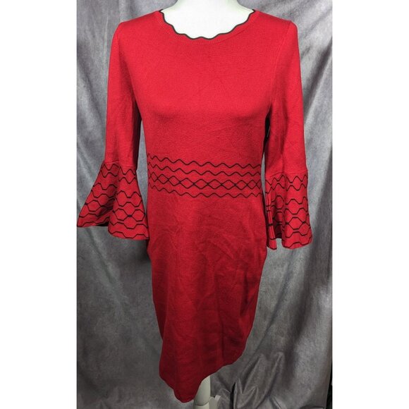 Nina Leonard Black And Red Jacquard Bell Sleeve Sweater Dress - Picture 6 of 7